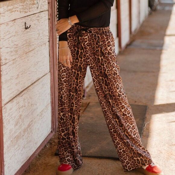 No Brand Pants - Wild Comfort: Western Leopard Print Wide-Leg Pants New